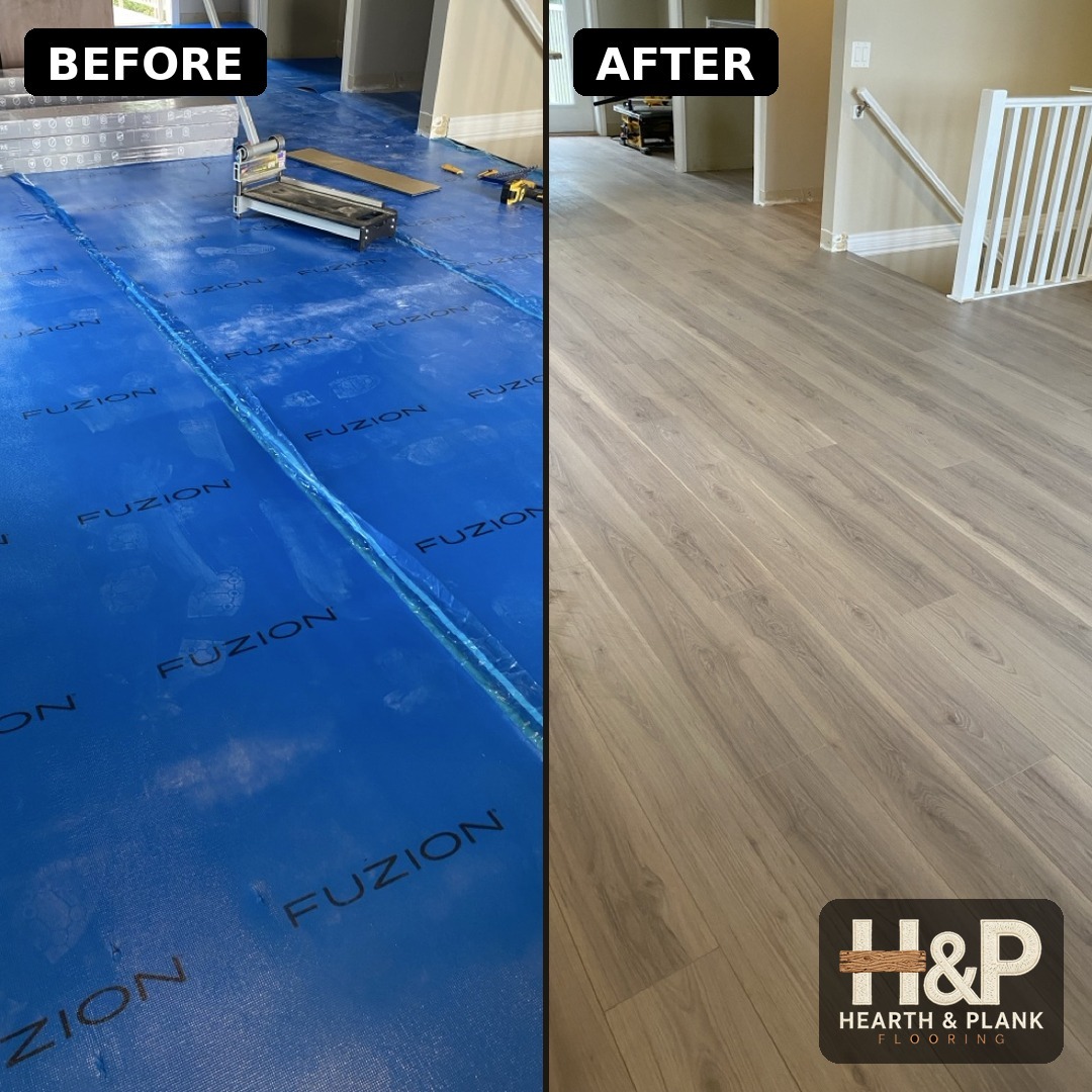 Before and after: living room flooring transformation by Hearth & Plank Flooring